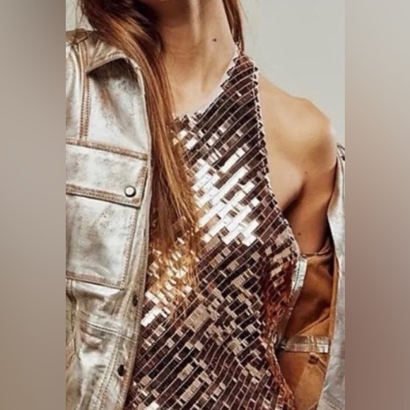 Free People Womens Sequin Halter Ribbon Tie Top in Rose Gold NWOT size M - Picture 1 of 12